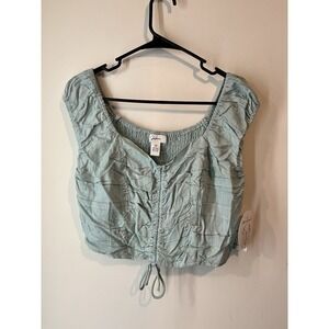Japna‎ Cinch Front Crop Top sz Medium Smock Back Off Shoulder Cap Sleeve Blue